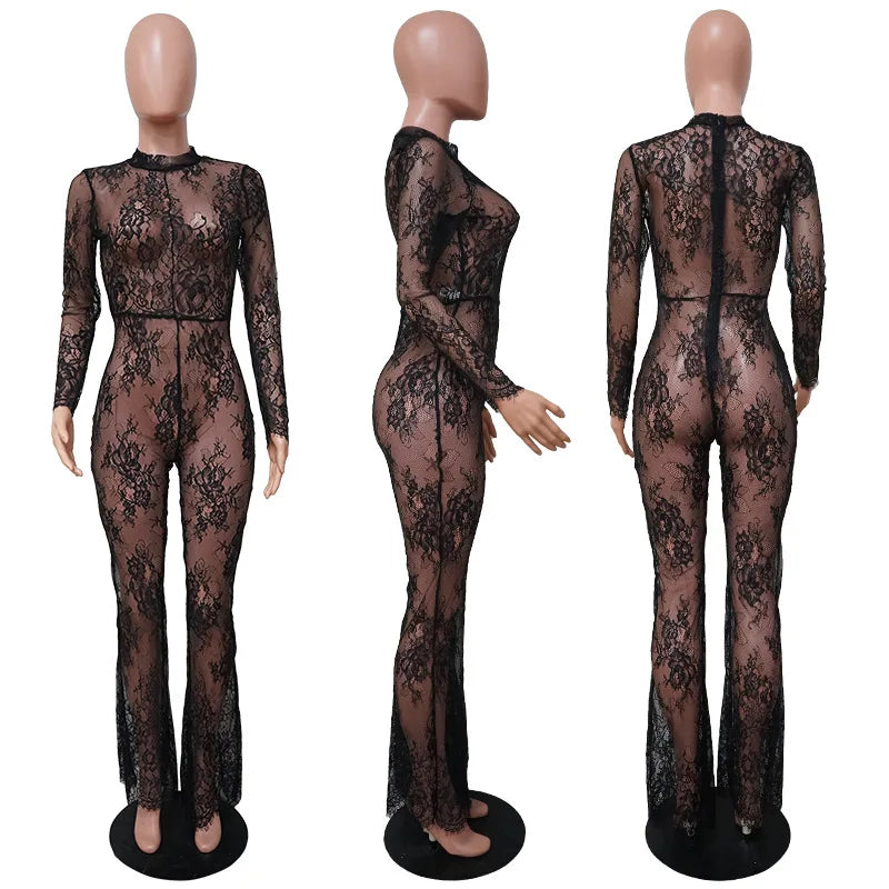 "See and Seek" Black Lace Wide leg Jumpsuit