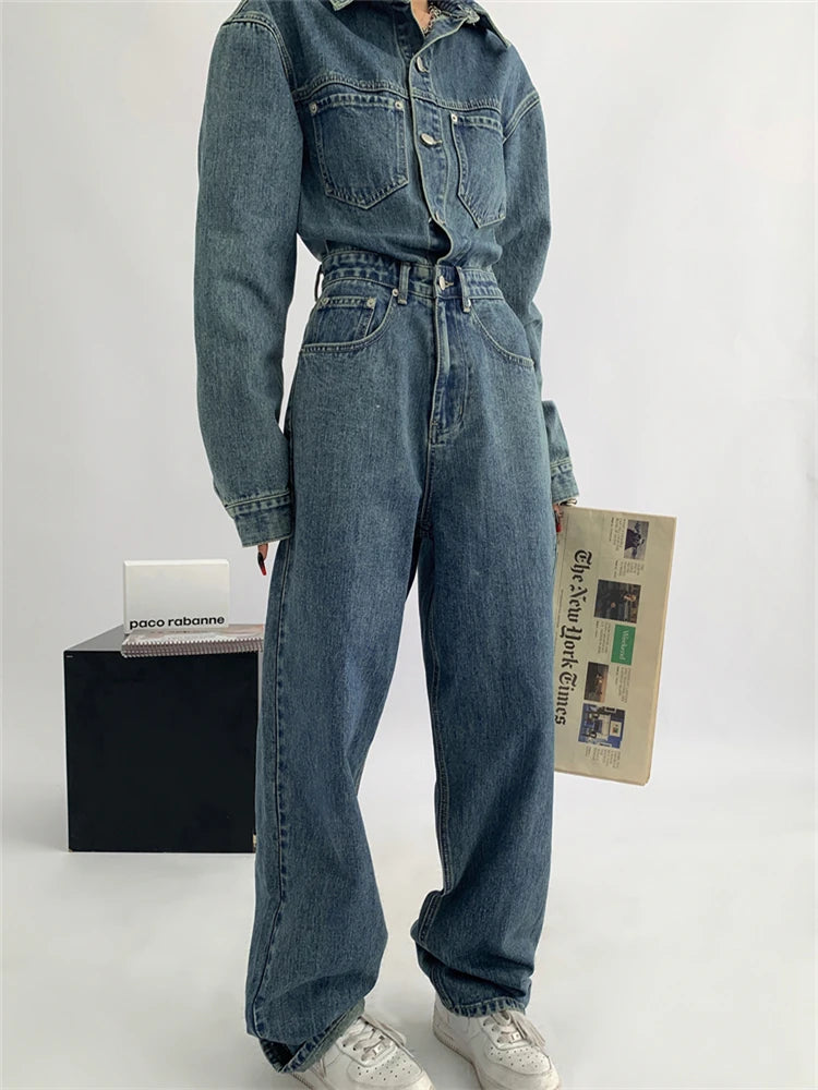 "Handy-Girl" Retro Blue Washed Aged Denim Jumpsuit