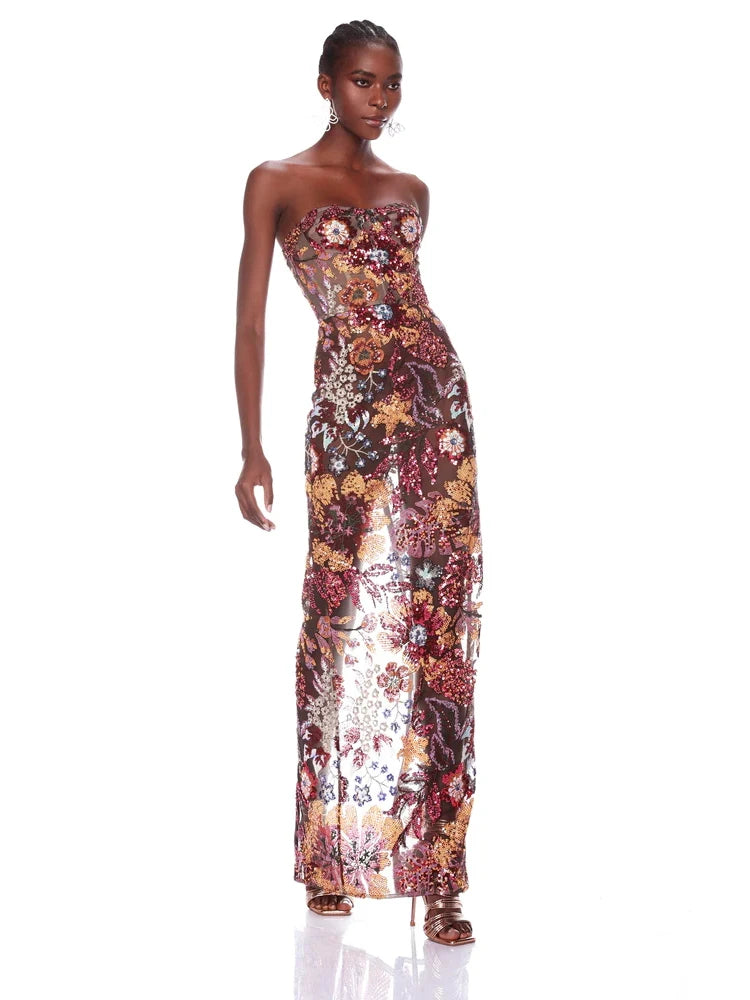 Flora and Fauna Mesh Sequin Maxi Dress