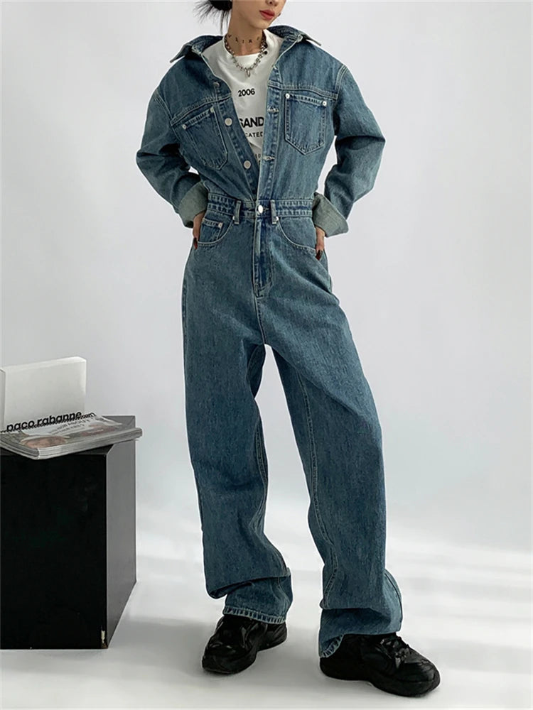 "Handy-Girl" Retro Blue Washed Aged Denim Jumpsuit