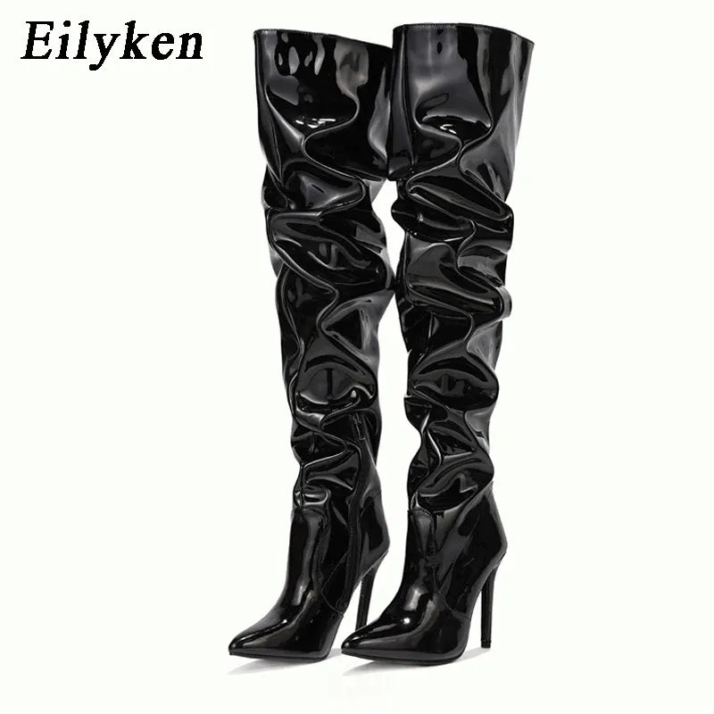 "Grippah" thigh high closed toe black boot